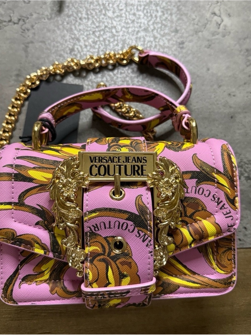Versace Jeans Collection Pink Baroque Print Shoulder Bag with Gold Chain NWT